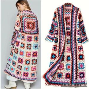 New Multicolored Crochet Long Cardigan Open Front Boho Granny Square Patchwork